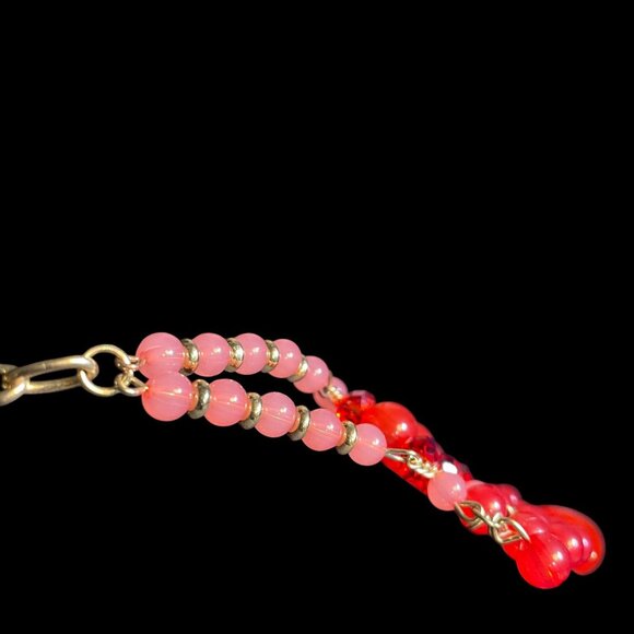 Bold Red & Pink Beaded Statement Necklace - Gold-Tone Chain, Teardrop Dangles - Picture 2 of 7
